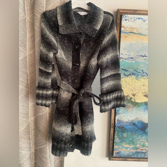 Trina Turk  Cardigan Womens Wool Blend Sz XS  Buttoned Belt Black Striped - Picture 1 of 15
